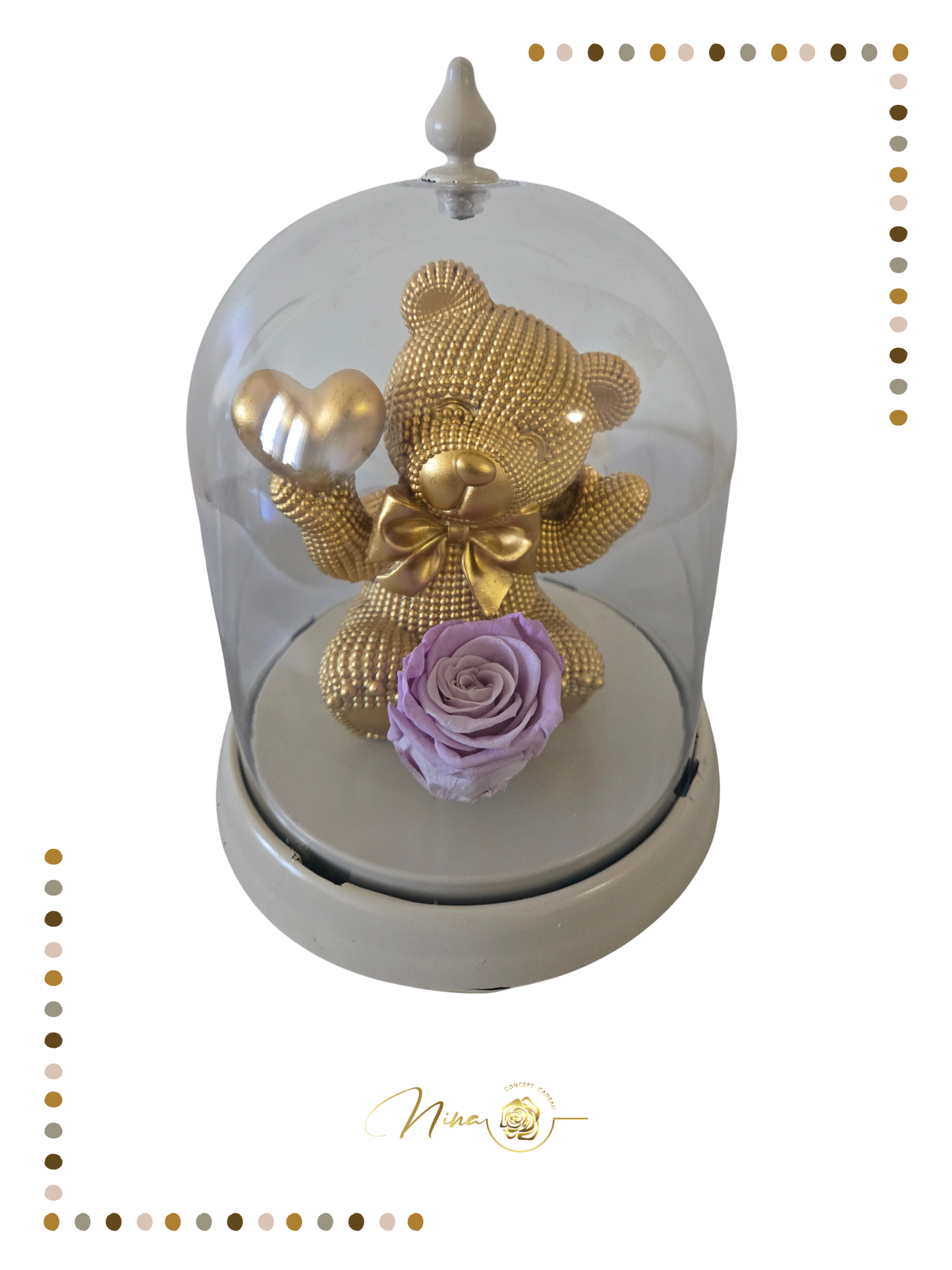 Ourson doré Éternel sous cloche-rose lilas