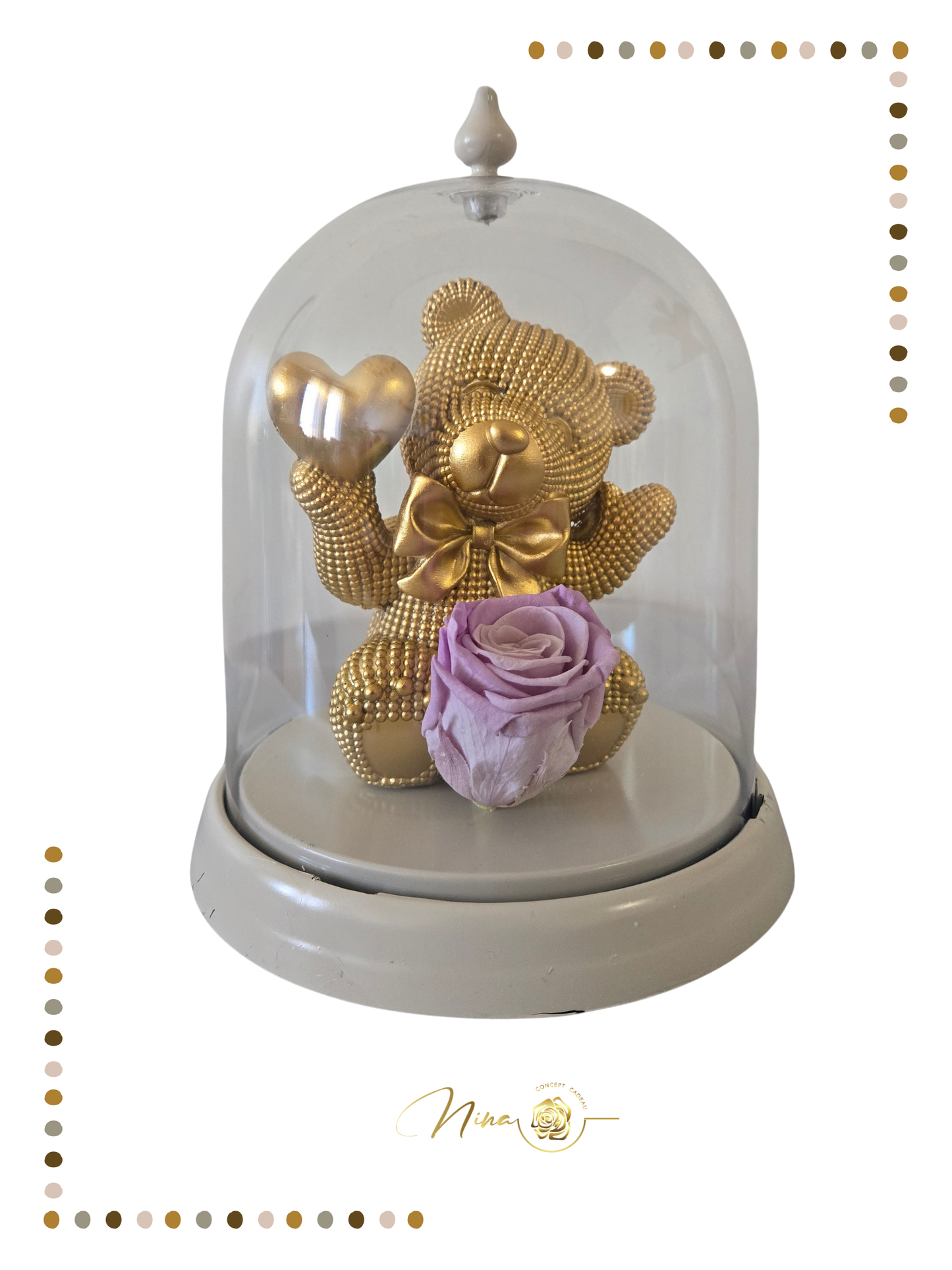 Ourson doré Éternel sous cloche-rose lilas