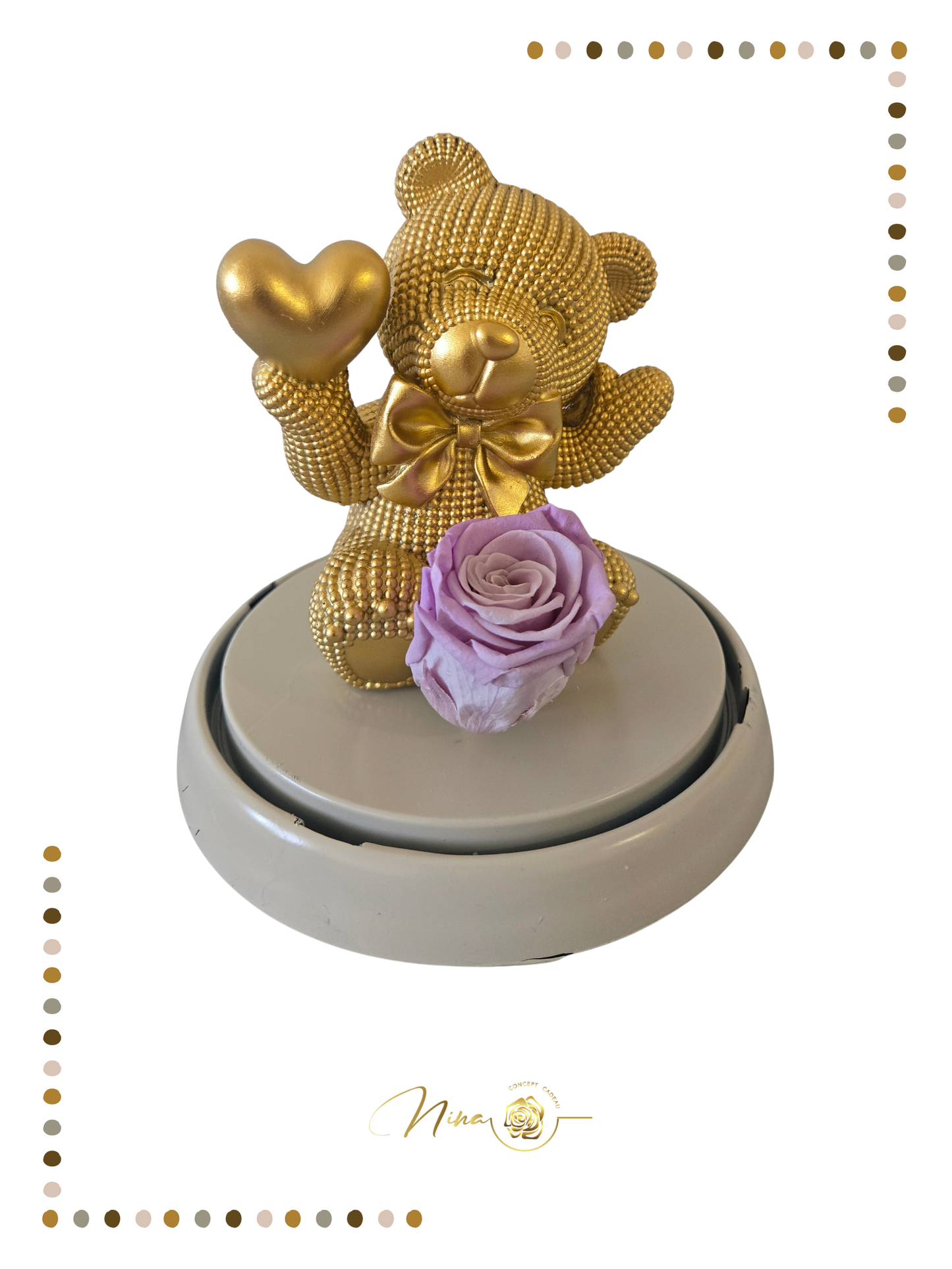 Ourson doré Éternel sous cloche-rose lilas